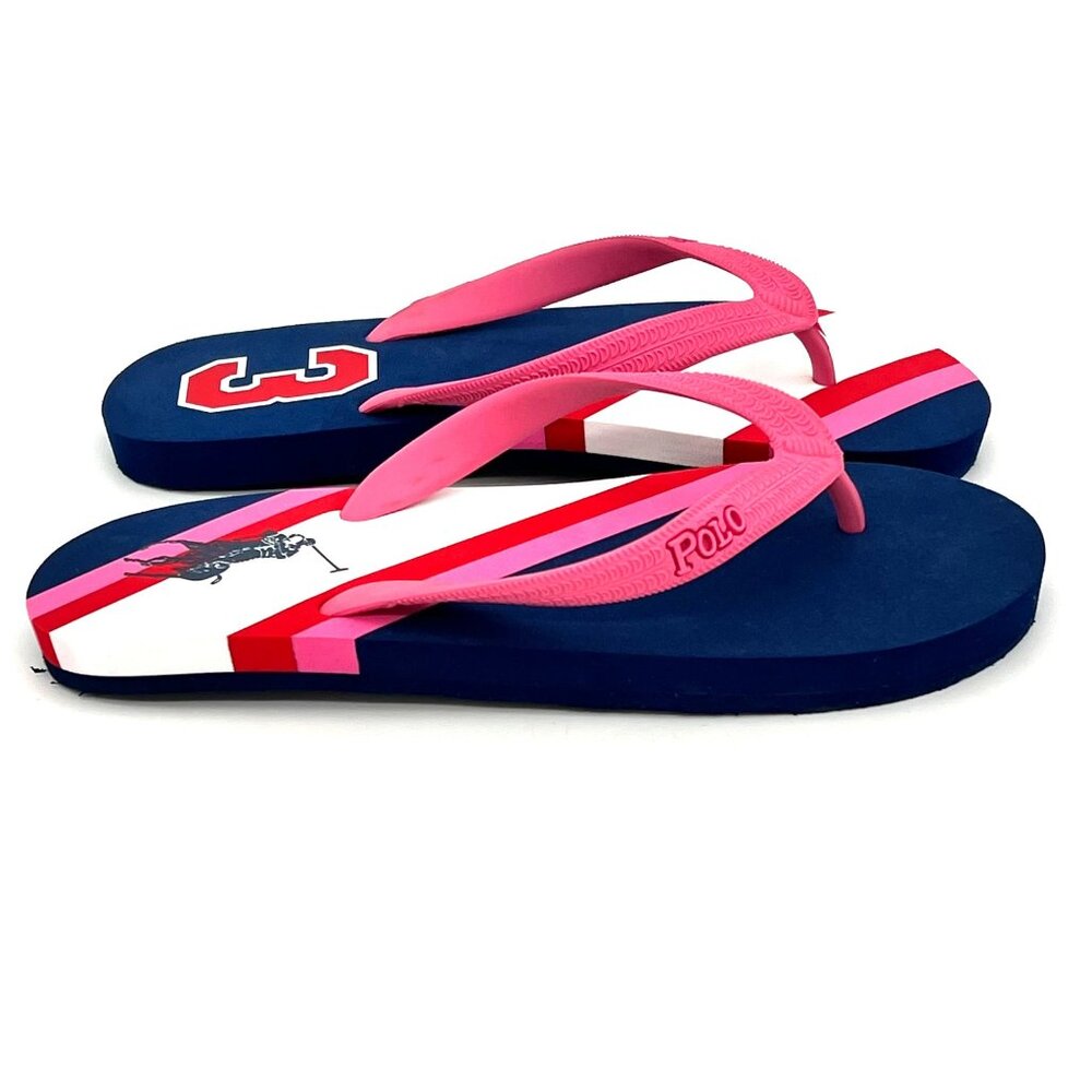 Polo Ralph Lauren Womens Size 5 Navy & Pink Striped Flip Flops Pony & 3 Logo New - Picture 9 of 15